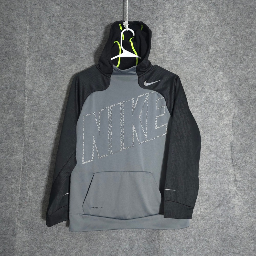 Nike Therma-FIT Hoodie Kids XL Grey Black Pullover Training Fleece 678605-065